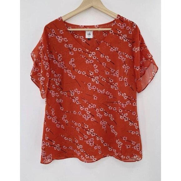 Cabi Chiffon Cherry Blossom Orange Red Floral Split Short Sleeve Top Sz M #5712 - Picture 1 of 10